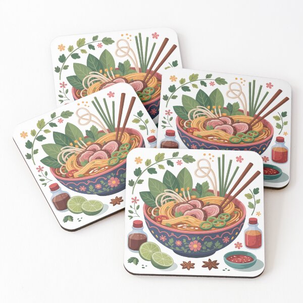 Item preview, Playful Pho Bowl Illustration – Vietnamese Noodles with Herbs, Chili & Sauces designed and sold by VividOrganica.