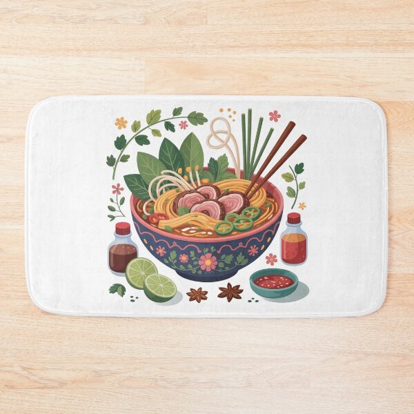 Item preview, Playful Pho Bowl Illustration – Vietnamese Noodles with Herbs, Chili & Sauces designed and sold by VividOrganica.