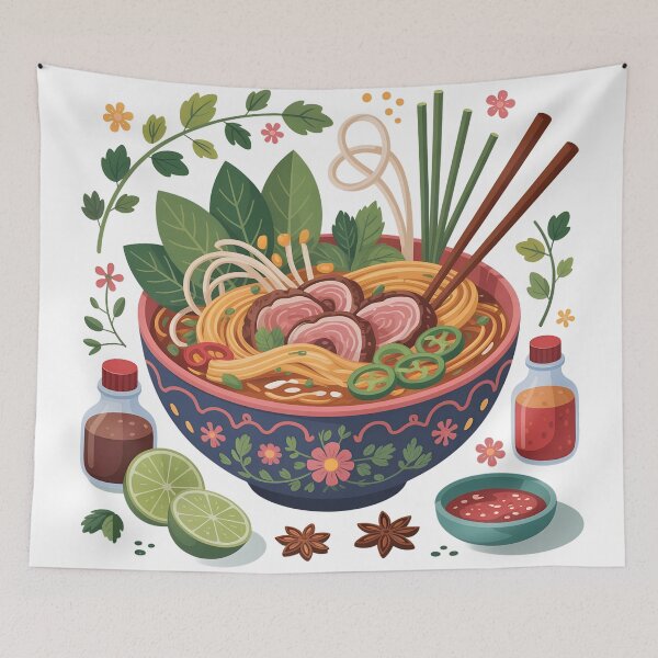 Item preview, Playful Pho Bowl Illustration – Vietnamese Noodles with Herbs, Chili & Sauces designed and sold by VividOrganica.