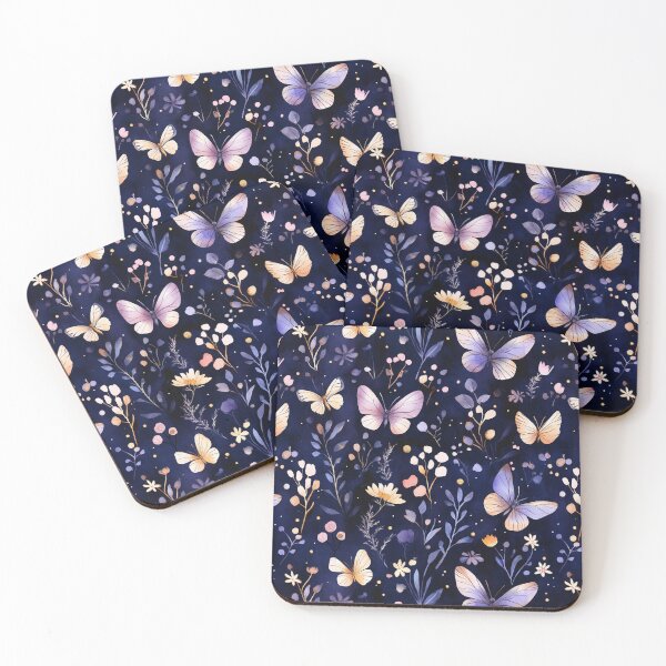 Item preview, Night Garden Dark Purple Pink Gold Watercolor Butterflies Leaves All Over designed and sold by Feeling Artsy.
