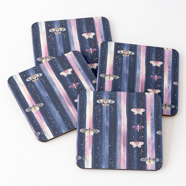 Item preview, Night Garden Dark Purple Pink Moths on Watercolor Stripes All Over designed and sold by Feeling Artsy.