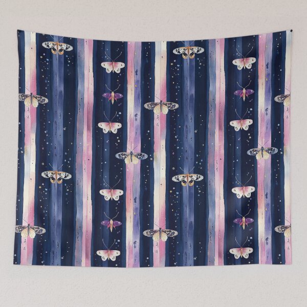 Item preview, Night Garden Dark Purple Pink Moths on Watercolor Stripes All Over designed and sold by Feeling Artsy.