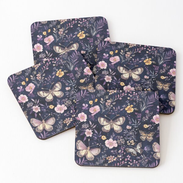 Item preview, Night Garden Dark Purple Pink Watercolor Flowers and Butterflies All Over designed and sold by Feeling Artsy.