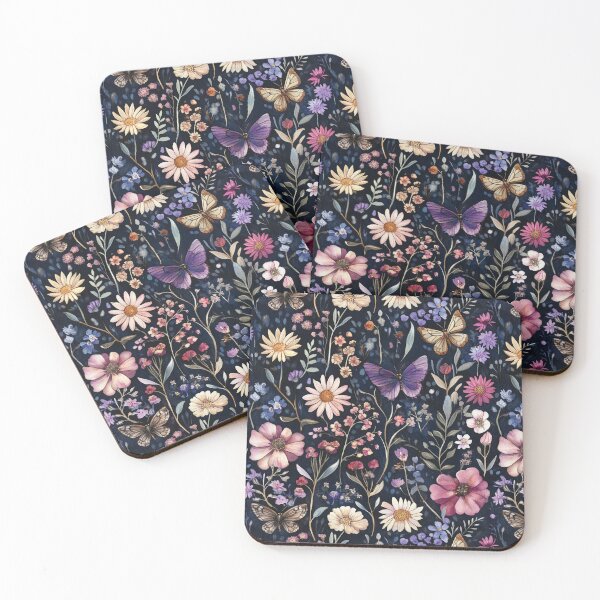 Item preview, Night Garden Purple Pink Watercolor Flowers and Butterflies All Over designed and sold by Feeling Artsy.