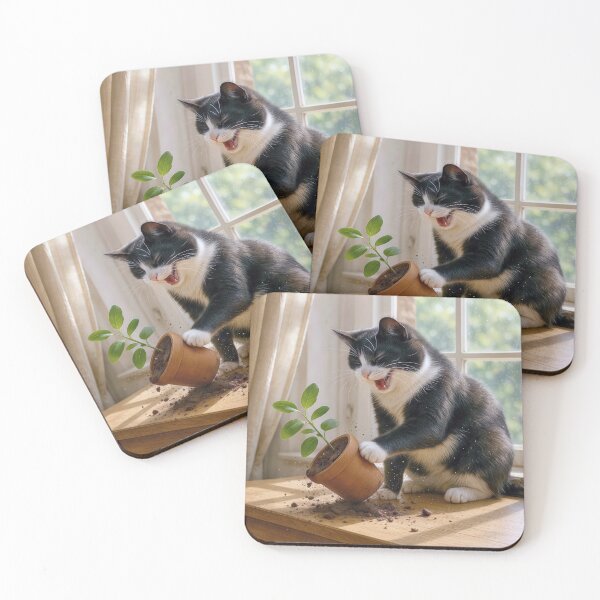 Item preview, Mischievous Tuxedo Cat Toppling a Potted House Plant designed and sold by Maria Dryfhout.