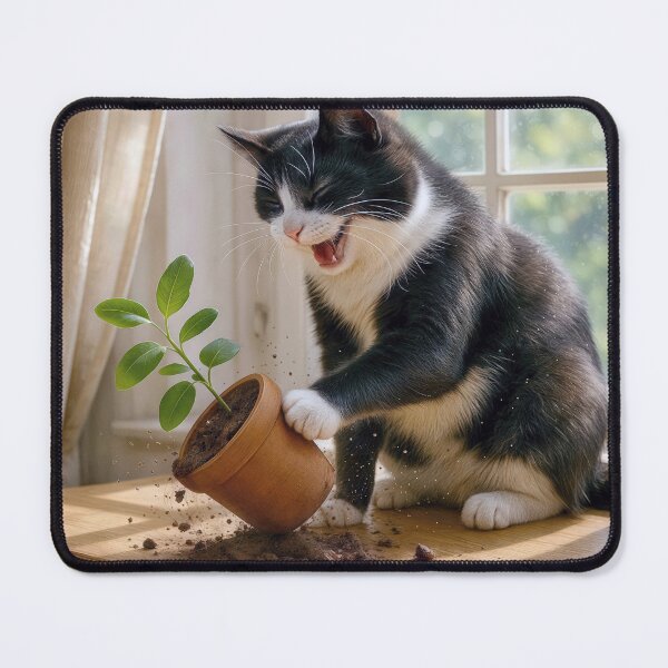 Item preview, Mischievous Tuxedo Cat Toppling a Potted House Plant designed and sold by Maria Dryfhout.