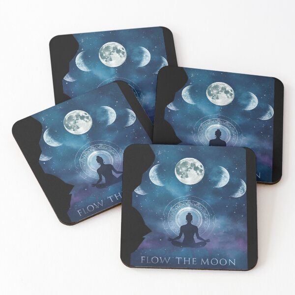 Item preview, Elegant moon phases with yogi meditating below, cosmic aura, mystical text ‘Flow With The Moon’ 2 designed and sold by Neon G.