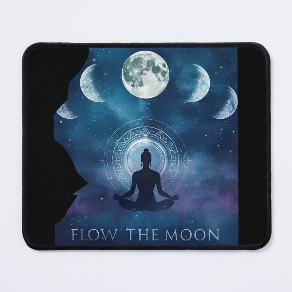 Item preview, Elegant moon phases with yogi meditating below, cosmic aura, mystical text ‘Flow With The Moon’ 2 designed and sold by Neon G.
