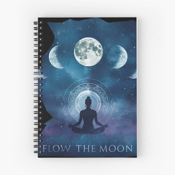 Item preview, Elegant moon phases with yogi meditating below, cosmic aura, mystical text ‘Flow With The Moon’ 2 designed and sold by Neon G.