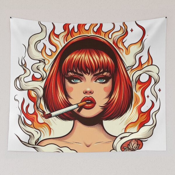 Item preview, Fierce Retro Flame Girl Smoking Pop Art Illustration designed and sold by Spark2Seduction.