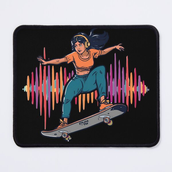 Item preview, Ride the Soundwave skateboarder surfing on giant colorful soundwave with headphones on 3 designed and sold by Neon G.