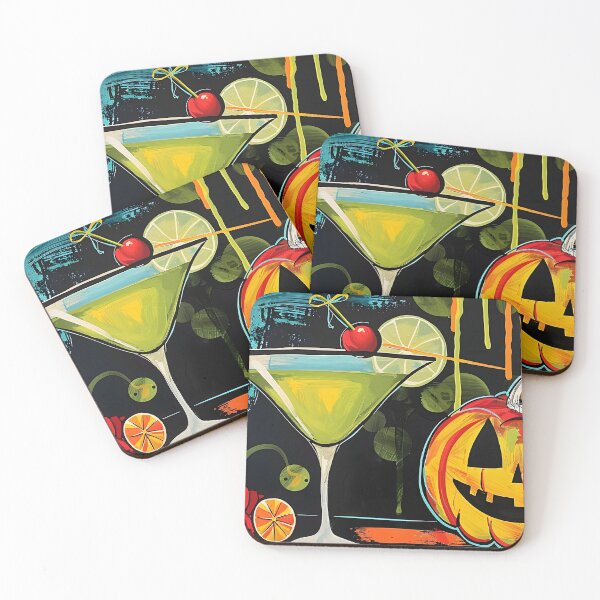 Item preview, Smiling Funny Jack-o-Lantern and Vibrant Cocktail with Cherry and Lime Slice in Whimsical Halloween Scene designed and sold by OlfactoART Studio.