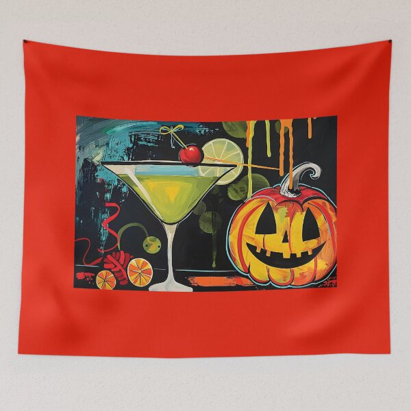Item preview, Smiling Funny Jack-o-Lantern and Vibrant Cocktail with Cherry and Lime Slice in Whimsical Halloween Scene designed and sold by OlfactoART Studio.