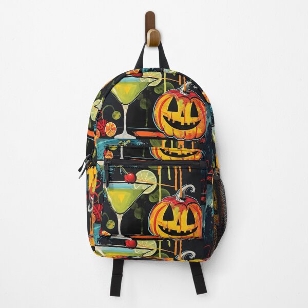 Item preview, Smiling Funny Jack-o-Lantern and Vibrant Cocktail with Cherry and Lime Slice in Whimsical Halloween Scene designed and sold by OlfactoART Studio.