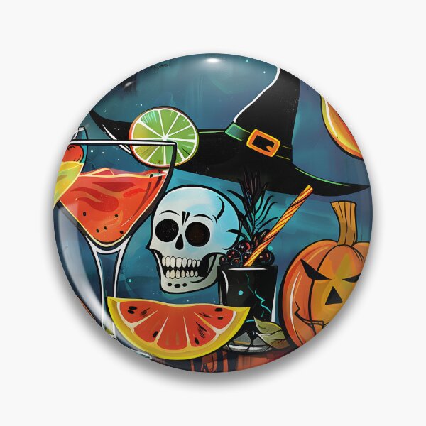 Item preview, Toast to Halloween Fun with Vibrant Cocktails Pumpkin Skull and Witch Hat designed and sold by OlfactoART Studio.