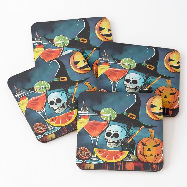 Item preview, Toast to Halloween Fun with Vibrant Cocktails Pumpkin Skull and Witch Hat designed and sold by OlfactoART Studio.