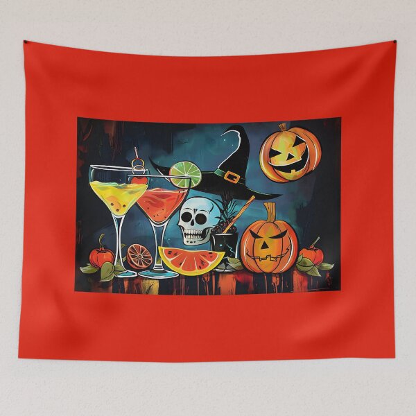 Item preview, Toast to Halloween Fun with Vibrant Cocktails Pumpkin Skull and Witch Hat designed and sold by OlfactoART Studio.