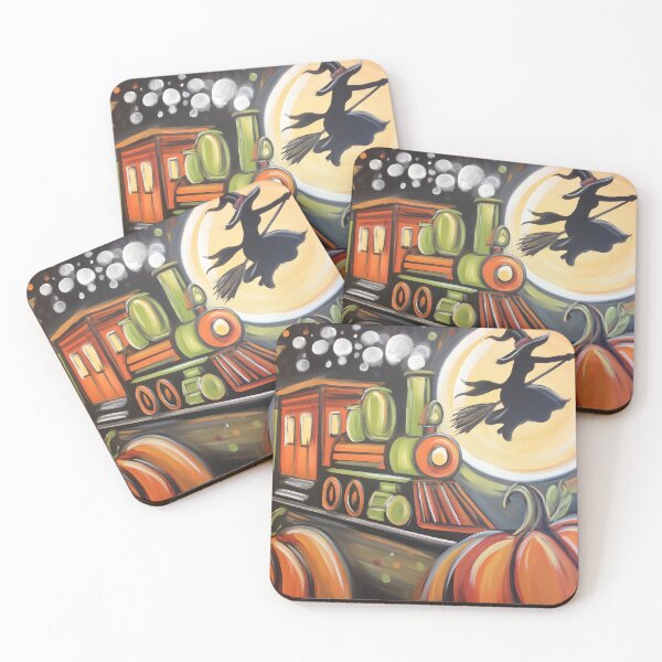 Item preview, Pumpkin Express Train Races Under a Glowing Halloween Moon with Flying Witch designed and sold by OlfactoART Studio.