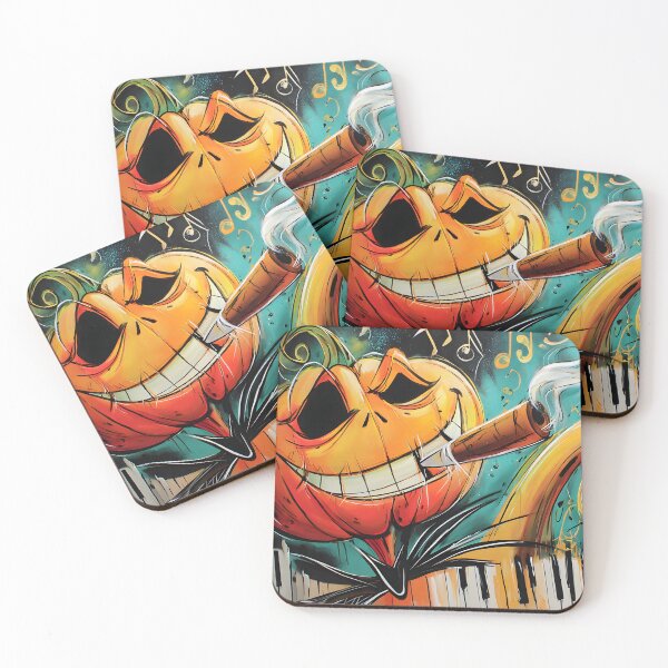 Item preview, Playful Pumpkin Smoking Cigar Surrounded by Music Notes and Halloween Festive Details designed and sold by OlfactoART Studio.
