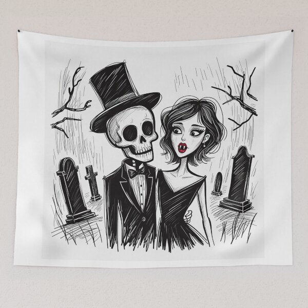 Item preview, Fancy dapper Skeleton man and Vampire girl cool horror art designed and sold by Vintage Designs +.