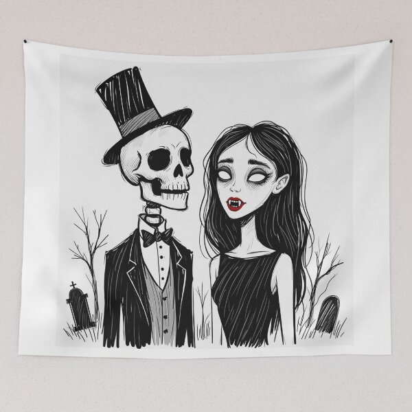Item preview, Fancy dapper Skeleton man and Vampire girl cool horror art designed and sold by Vintage Designs +.