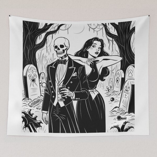 Item preview, Fancy dapper Skeleton man and Vampire girl cool horror art designed and sold by Vintage Designs +.