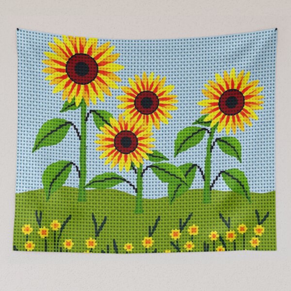 Item preview, Cross Stitch Sunflower Garden — Hand-stitched Floral Landscape for Home Decor designed and sold by MiraLumeStudio.