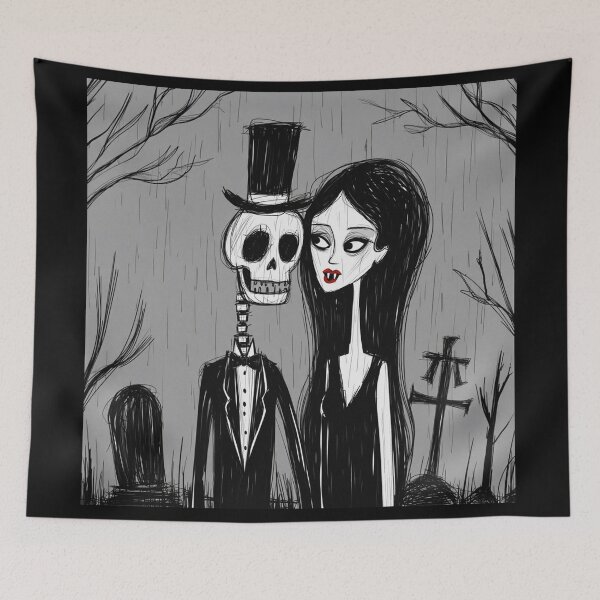 Item preview, Fancy dapper Skeleton man and Vampire girl cool horror art designed and sold by Vintage Designs +.
