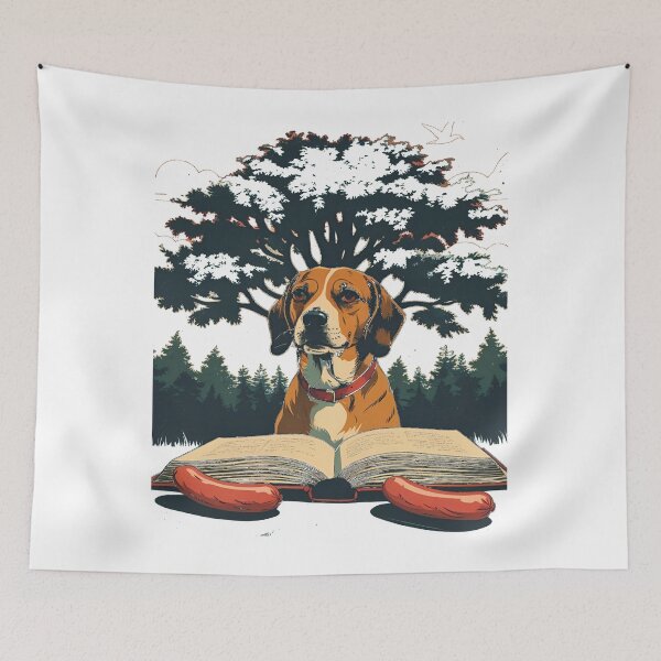 Item preview, Dog Reading a Book with Sausage Under a Tree – Funny Animal Art designed and sold by CreativPlace.