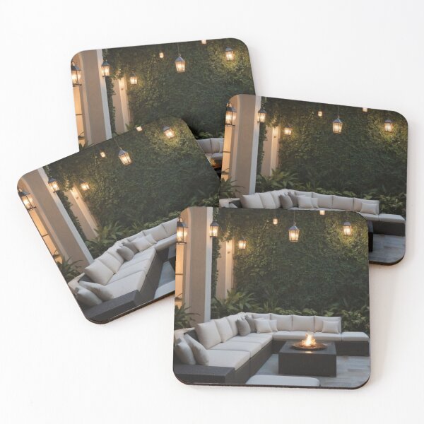 Item preview, Elegant Outdoor Patio with Fire Pit & Ivy-Covered Walls at Dusk designed and sold by Jade Ado.