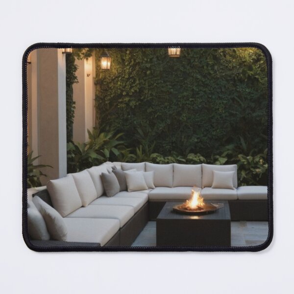 Item preview, Elegant Outdoor Patio with Fire Pit & Ivy-Covered Walls at Dusk designed and sold by Jade Ado.