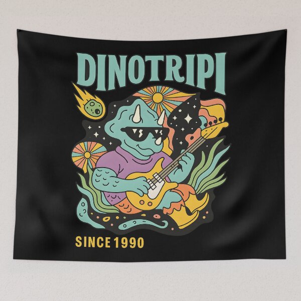Item preview, Dinotripi Psychedelic Dinosaur Playing Guitar Retro Trippy Cosmic Music  designed and sold by DrawHandArt.