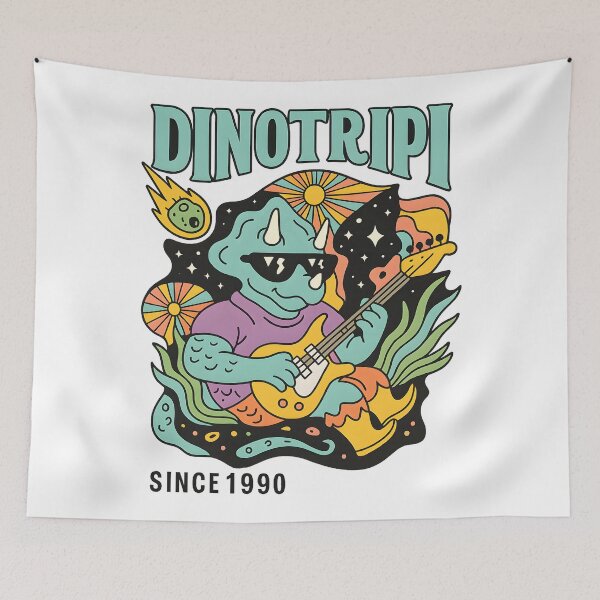 Item preview, Dinotripi Psychedelic Dinosaur Playing Guitar Retro Trippy Cosmic Music  designed and sold by DrawHandArt.