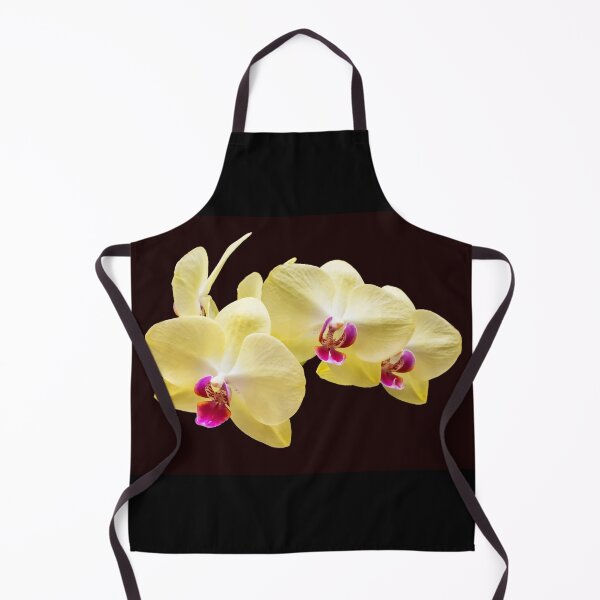Item preview, Pretty Yellow Orchid Blossoms with Pink Lips, in Full Bloom against a Black Background designed and sold by LINDA MCKUSICK.