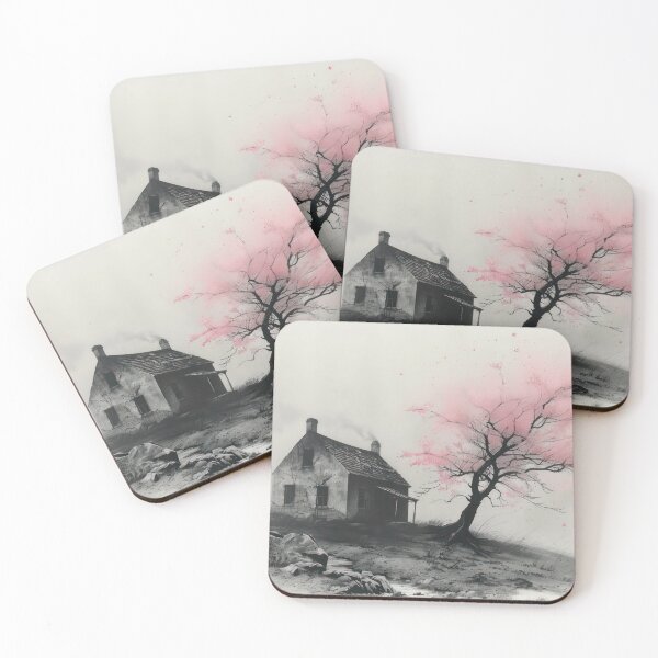 Item preview, Monochrome Cottage with Blossoms – Dark Elegance Ink Wash designed and sold by NeoNebulaArt.