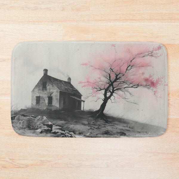 Item preview, Monochrome Cottage with Blossoms – Dark Elegance Ink Wash designed and sold by NeoNebulaArt.