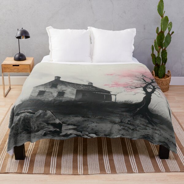 Item preview, Monochrome Cottage with Blossoms – Dark Elegance Ink Wash designed and sold by NeoNebulaArt.