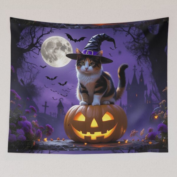 Item preview, Calico Witch Cat on a Pumpkin Under the Halloween Moon designed and sold by LEO'S CREATURE　れおずくりーちゃー.
