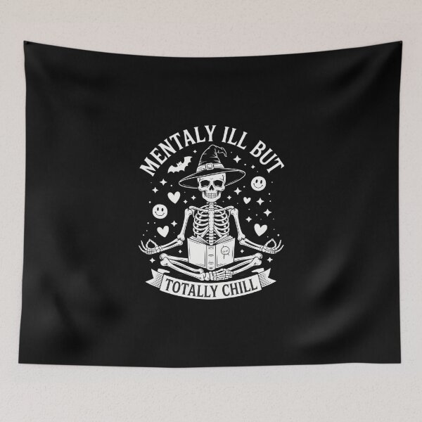 Item preview, Mentally Ill But Totally Chill Funny Yoga Skeleton Witch designed and sold by DeadlockCrew.