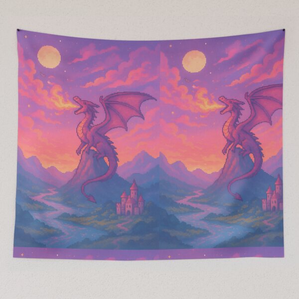Item preview, Pixel Art Dragon at Sunset – Fantasy Castle & Fire-Breathing Dragon designed and sold by Imaginationbeyond.