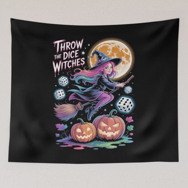 Item preview, THROW THE DICE WITCHES - Halloween Magic, Witch on Broomstick, Spooky Dice Game Art designed and sold by Marpin91.