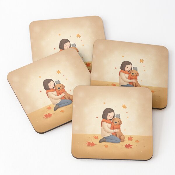 Item preview, Cozy Autumn Hug – Girl with Dog and Cat Illustration designed and sold by Whimsical Hug.