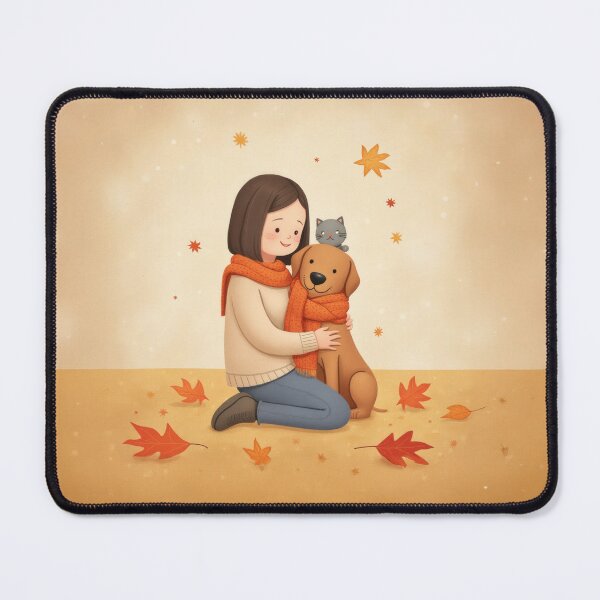 Item preview, Cozy Autumn Hug – Girl with Dog and Cat Illustration designed and sold by Whimsical Hug.