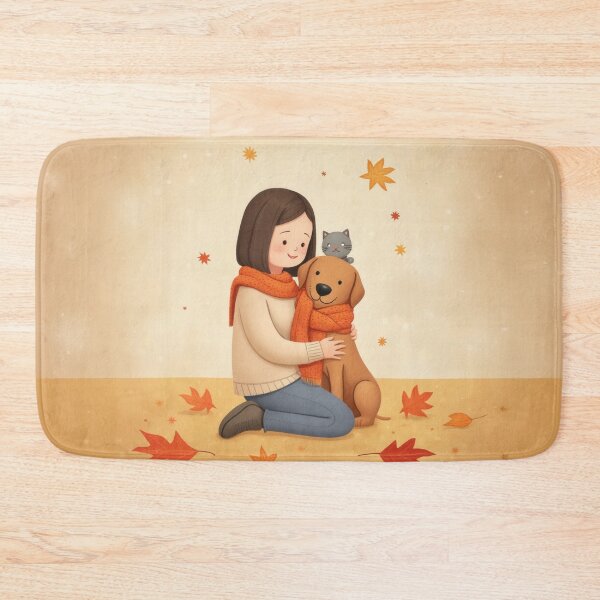Item preview, Cozy Autumn Hug – Girl with Dog and Cat Illustration designed and sold by Whimsical Hug.