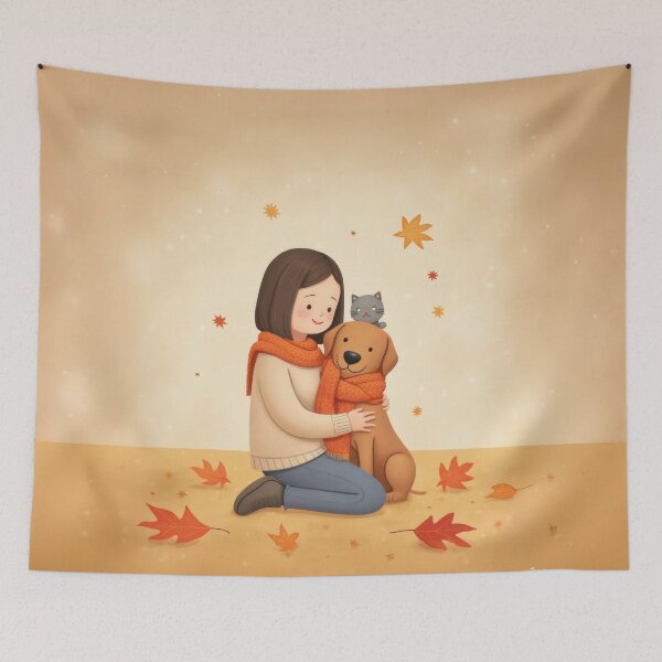 Item preview, Cozy Autumn Hug – Girl with Dog and Cat Illustration designed and sold by Whimsical Hug.