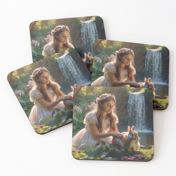 Item preview, Graceful Woman with Rabbit in the Garden by the Waterfall designed and sold by BlareBlare.