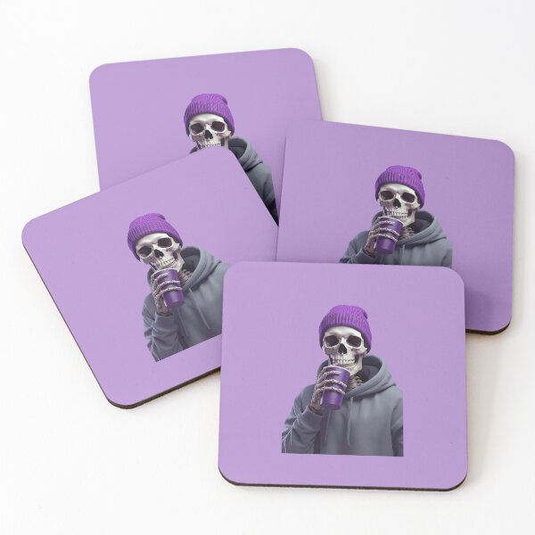 Item preview, Esqueleto de Halloween con gorro morado y sudadera gris bebiendo de una taza morada – Arte digital hiperrealista designed and sold by PixelVibe782.