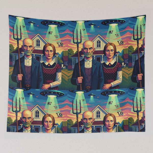 Item preview, Pixel Art American Gothic – Retro Farmer Tee designed and sold by Cherry Peony.