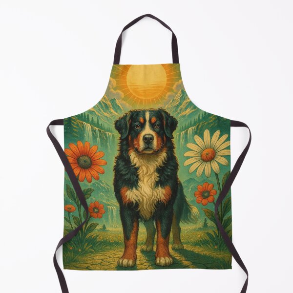 Item preview, Bernese Mountain Dog Retro Surreal Alpine Poster designed and sold by Flying Doggo.