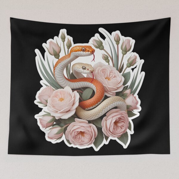 Item preview, Floral Snake  – Orange and Cream Snakes with Pink Roses and Green Leaves designed and sold by VividOrganica.